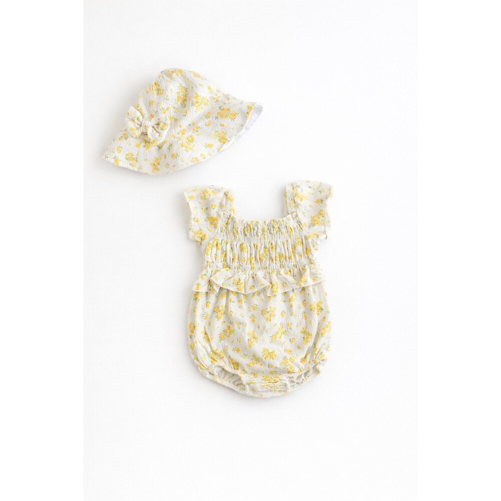 Nicole Miller New York Baby Girl 12M Floral Smocked Romper w/ Matching Sun Hat